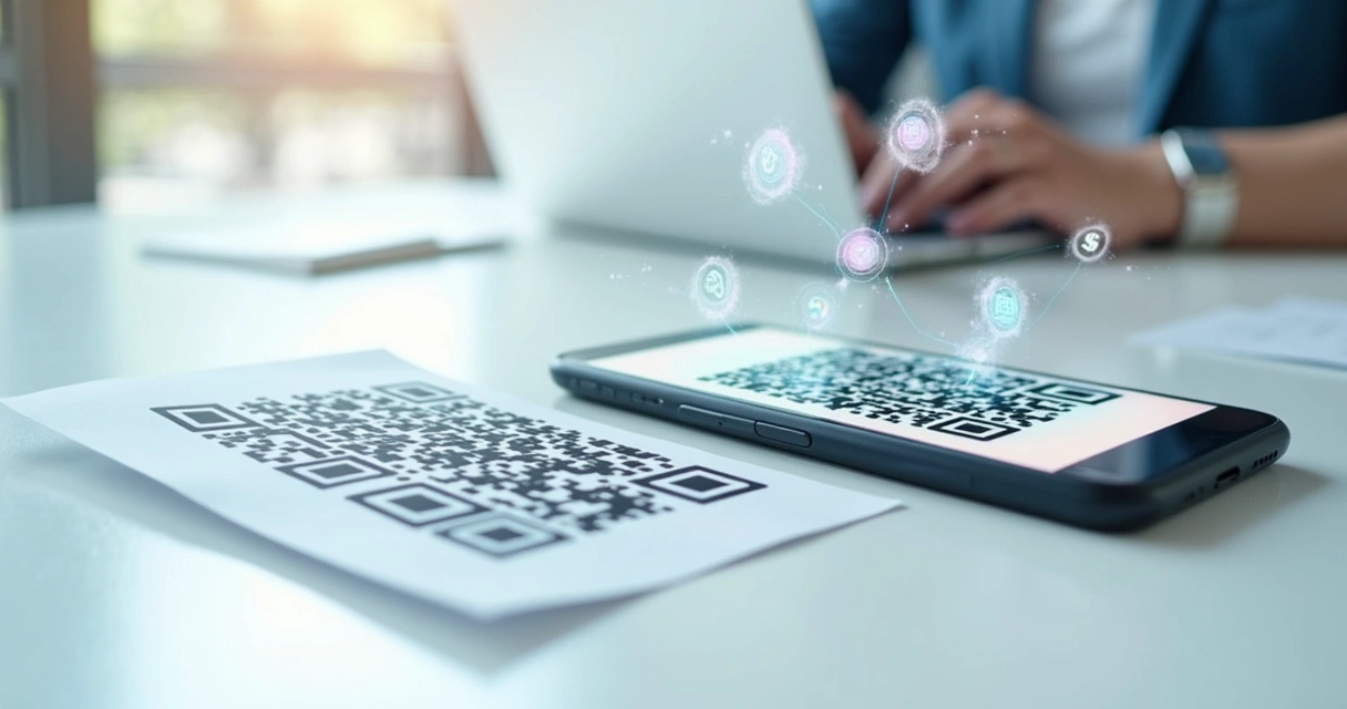 Smartphone displaying a dynamic QR code next to a printed static QR code on a clean white table with financial icons floating around